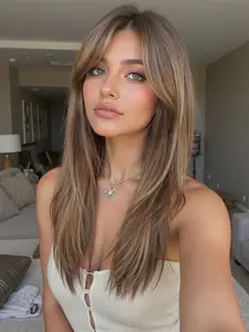 Fashionable New Long Straight Brown Layered Wigs with Bangs and Highlights, Synthetic Hair Pieces, Synthetic Women's Wigs for Ordinary Work, Life, Dance Parties and All Occasions