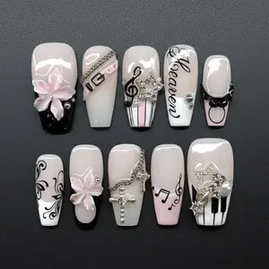 Handmade Heaven Melody Press On Nails | 3D Flowers, Piano Keys & Silver Cross Charms | Nails For Elegant Gothic Vibes