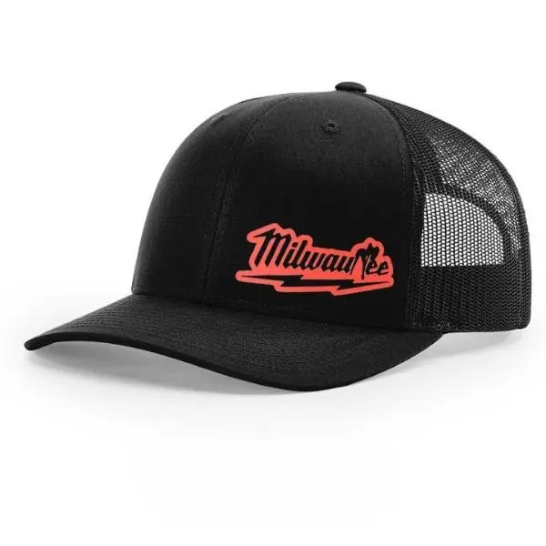 Red Script Embroidered Milwaukee Trucker Hat, Black Curved Bill Snapback, Retro City Style Mesh Cap, Adjustable Casual Streetwear Gift for Men and Women