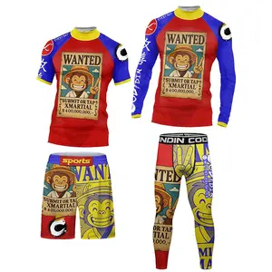Unisex 2-Piece Bright Yellow Polyester Blend Full Print MMA No Gi Rashguard Short Sleeve Tops & Compression Legging Spats Set with Beast Motif, for Martial Arts, BJJ Wrestling