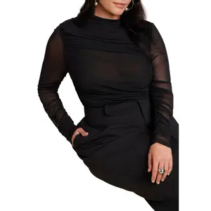 ELOQUII Women's Plus Size Shirred Sheer Top