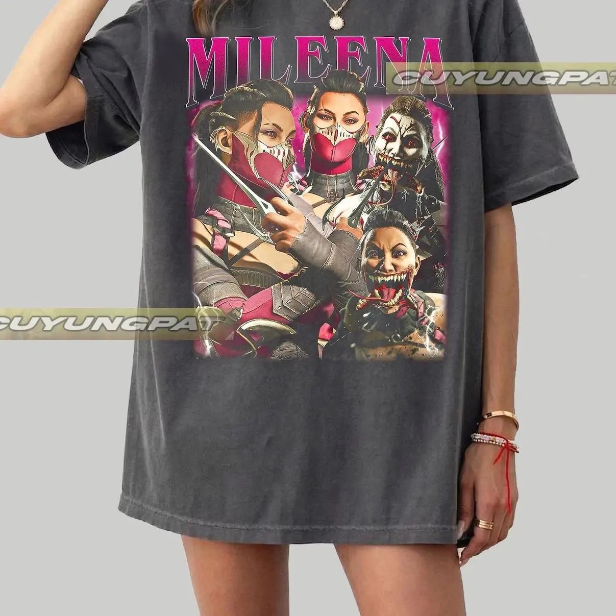 Women's Mortal Kombat Mileena Crewneck T-Shirt - Soft Fitted Cotton Top with Vintage Graphic Character Print, Short Sleeves, Round Neck for Casual Gym Wear