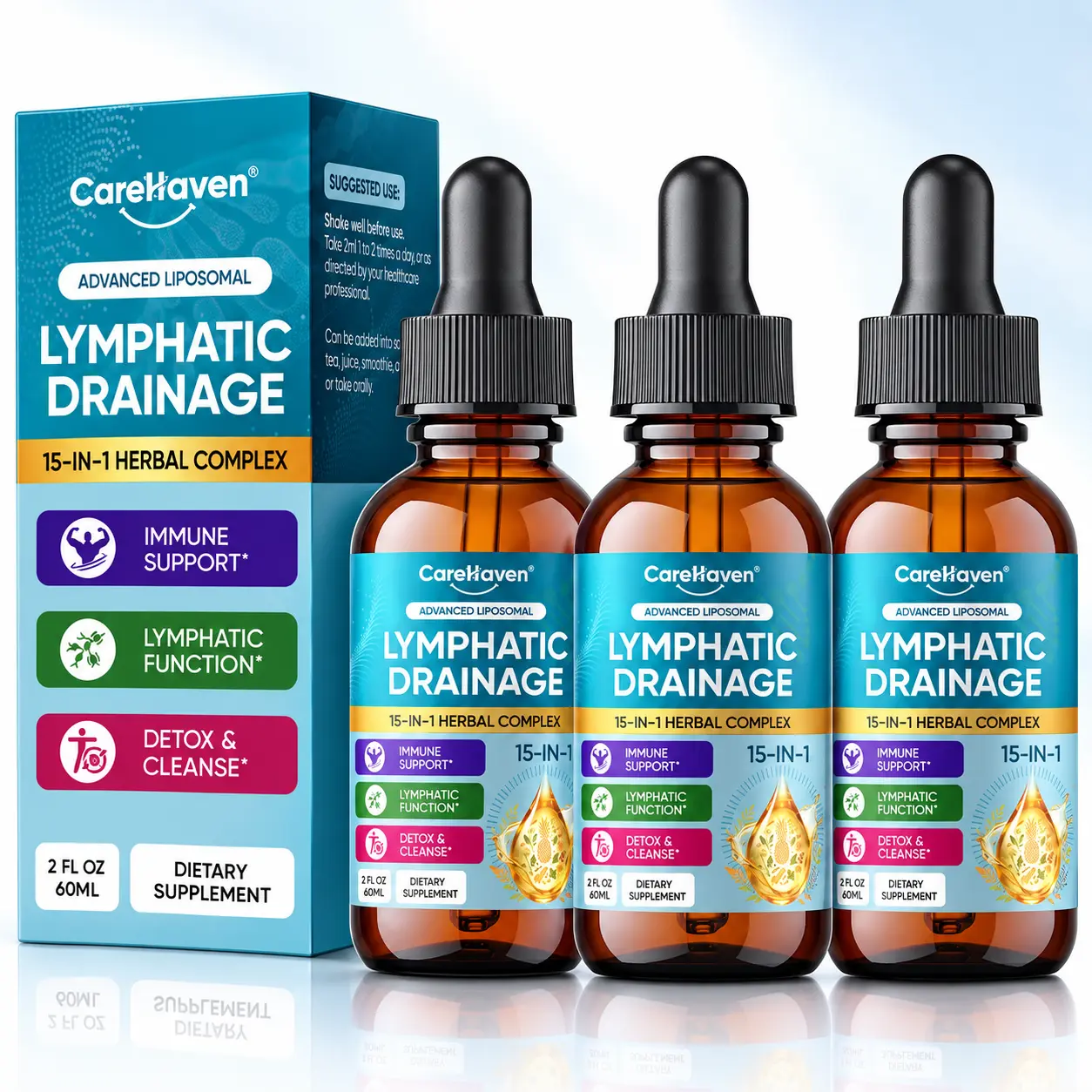 CareHaven Lymphatic Drainage Dietary Healthcare Supplement Drops - 15-in-1 Liposomal Herbal Formula with Dandelion, Cleavers, Burdock Root, Bromelain, Elderberry for Lymphatic Support, Digestive Comfort - Blackberry Lime Flavor, 2 FL OZ, Prop 65 Safe