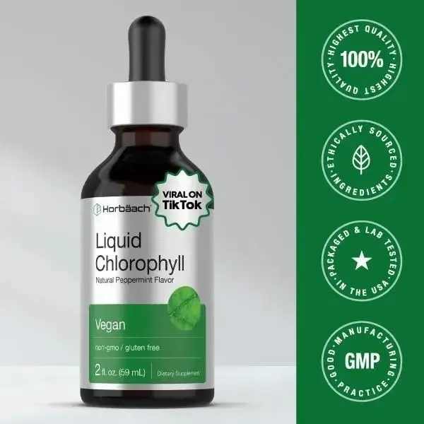 Horbäach Liquid Chlorophyll Drops - 2 oz - Vegan, Non-GMO, and Gluten Free Formula - Natural Peppermint Flavor