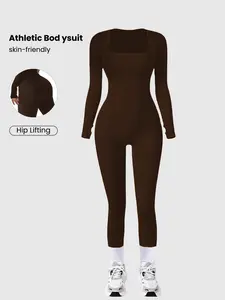 Women's Square Neck Sporty Jumpsuit, High Stretch Slim Fit, Ideal for Yoga, Fitness, Daily Wear, Long Sleeve, All Seasons, Sporty Comfy Jumpsuit