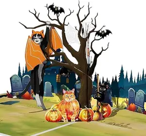 Funny Bat Cat Pop Up Halloween Cards, 3D Birthday Greeting Halloween Card, Pumpkins, Spooky Tree, Black Halloween Cat, Enveloped included