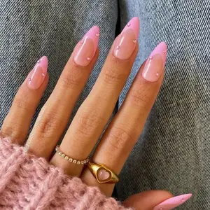 Imayhoo Handmade Acrylic Press on nails  Almond Short  French Style Pink False nails 10pcs