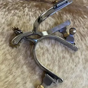 Pair Adult Size Western Chrome Plate Spurs Brass Rowels and Buttons