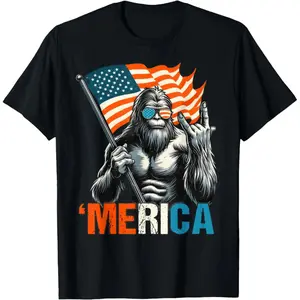 []Bigfoot Merica Rock American Flag Patriotic 4th Of July T-Shirt Graphic Tees