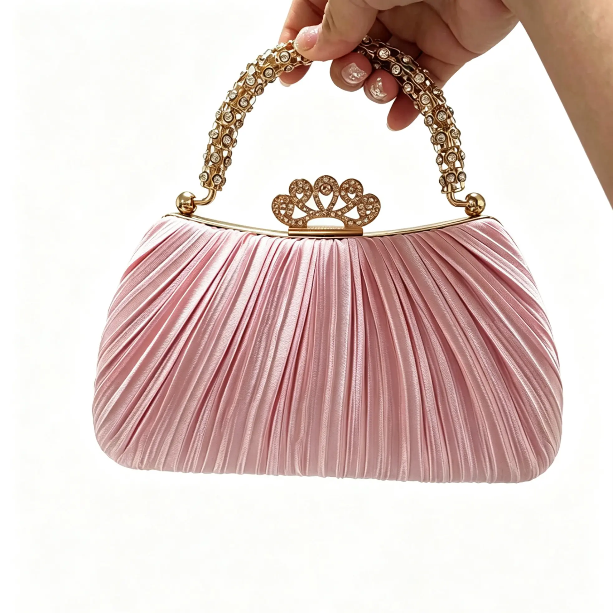 Ubysoyi Pleated Evening Bag Clutch Purse For Women Shiny Diamond Handle Elegant Lady's Handbag Crown Buckle Clutch Dinner Bag Formal Shoulder Bag For Wedding Banquet Gala Prom Party Bridal Birthday Gift