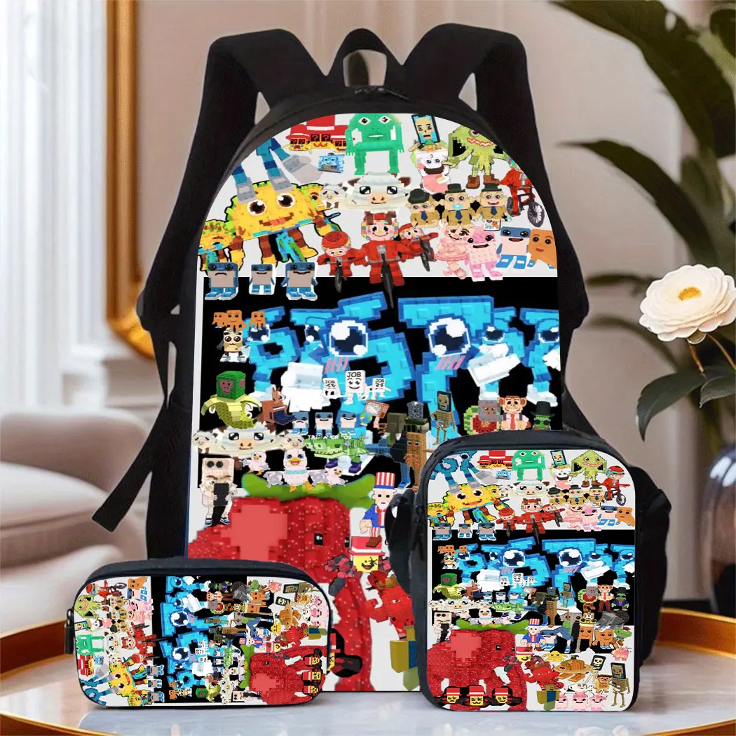 3Pcs Pixel Art Game Character Print Backpack Set Durable 600D Oxford Cloth School Bag Insulated Lunch Box & Pencil Case Combo Adjustable Breathable Strap Large Capacity Fits 15in Laptop for Kids Teens School Travel Outdoor Use