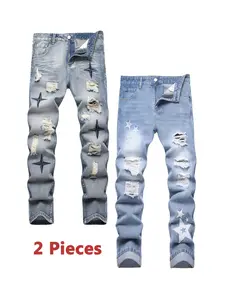 2 Pieces Men's Jeans Dark Blue And Blue Denim Pants Casual Trousers Streetwear Y2k Ripped Straight leg Retro Washed Autumn Embroidery Men's Clothing