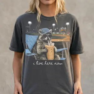 Comfort Colors Funny Raccoon Drinking Iced Coffee Shirt | I Live Here Now Graphic Tee | Comfort Colors Vintage Raccoon Baseball Tee