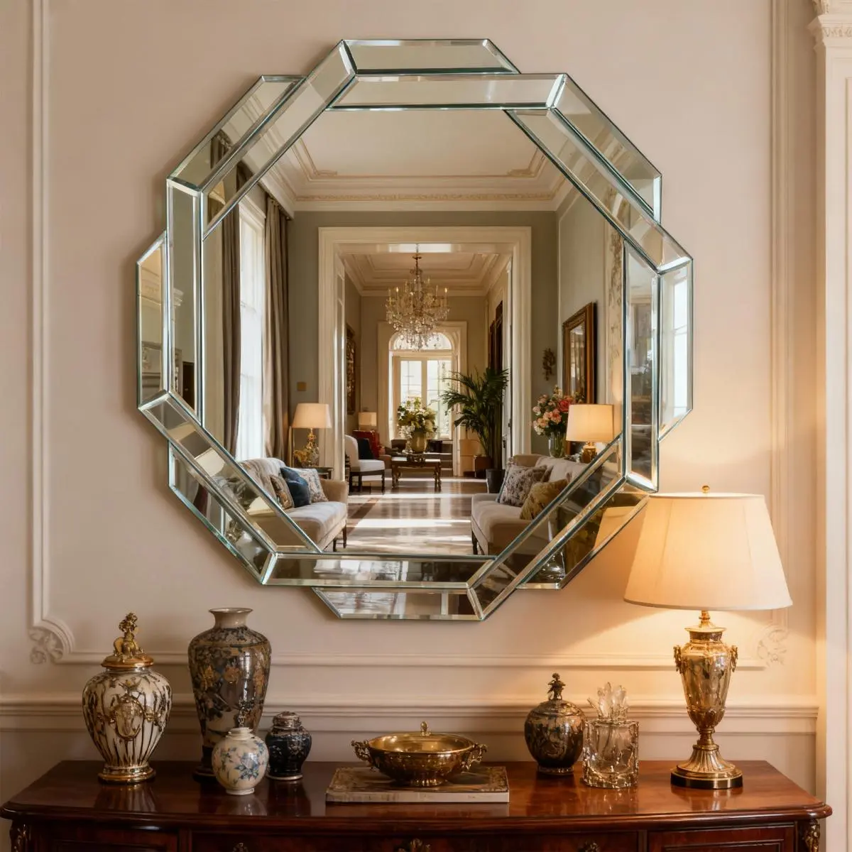 29.92-Inch Geometric Octagonal Safety Glass Mirror, Beveled Edge Frameless Decorative Wall Mirror for Living/Bathrooms Room Decor