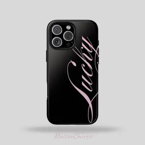 Lucky Phone Case: Pink Text on Black Tough Case For Iphone 17 pro max, SamSung and more Phone Cases Phone Cover Hard Case Tough 2-piece Phone Case