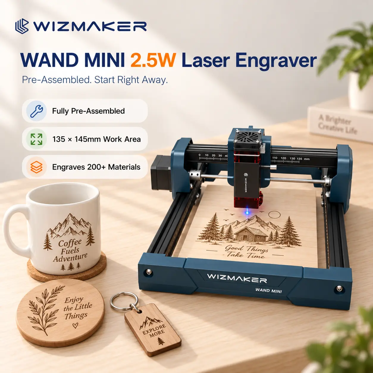 WIZMAKER Wand Mini 2.5W Laser Engraver, Beginner-Friendly Laser Engraving Machine with Pre-Assembled Frame, 0.04×0.04mm Fine Spot, WiFi App Control for Wood, Leather, Dark Acrylic & DIY Crafts