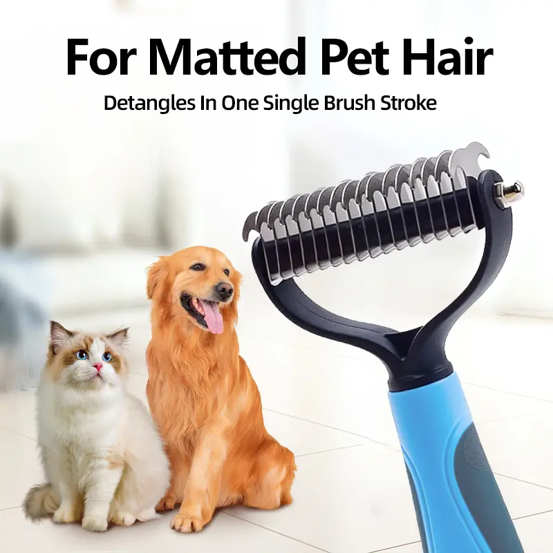 Blue double-sided detangling comb for pets; quickly removes tangles and loose hairs; stainless steel double-sided pet detangling comb; safe, sharp blades for quick grooming and detangling; efficient tool for removing loose hairs for pets.
