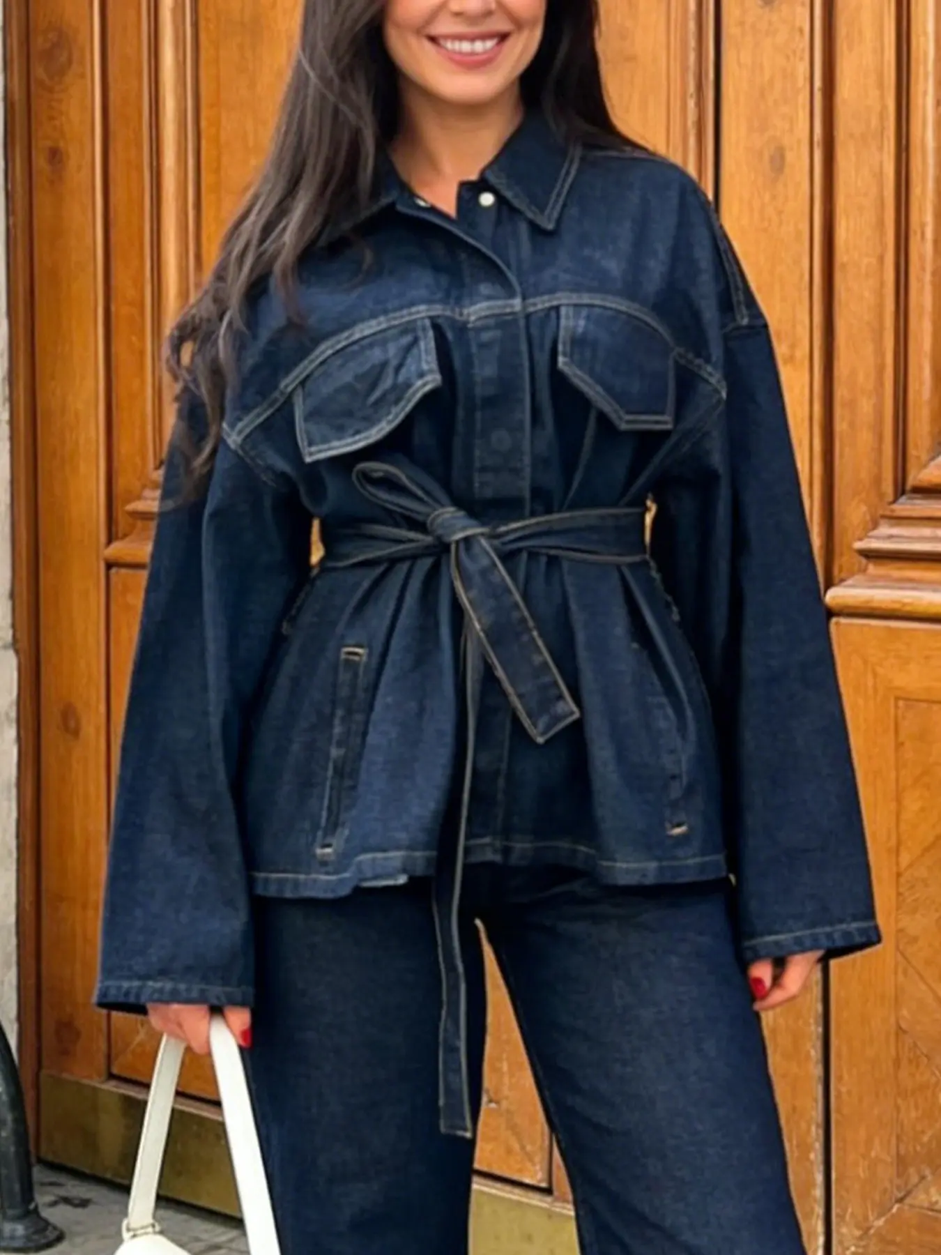 Women's Washable Comfort Dark Wash Denim Jacket, All-Season Baggy Loose Fit Oversized Casual Everyday Long Sleeve Outerwear, No Elasticity, Perfect for Dates and Outings, Coats, Womenswear