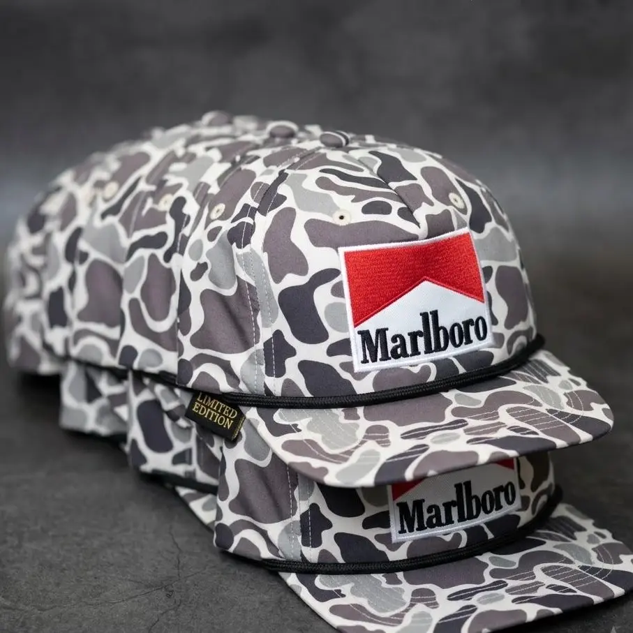 Marlboro Embroidered Patch Trucker Hat – Gray Black Mesh Back Snapback Cap, Heavy Equipment Mechanic Work Hat for Men, Adjustable Fit