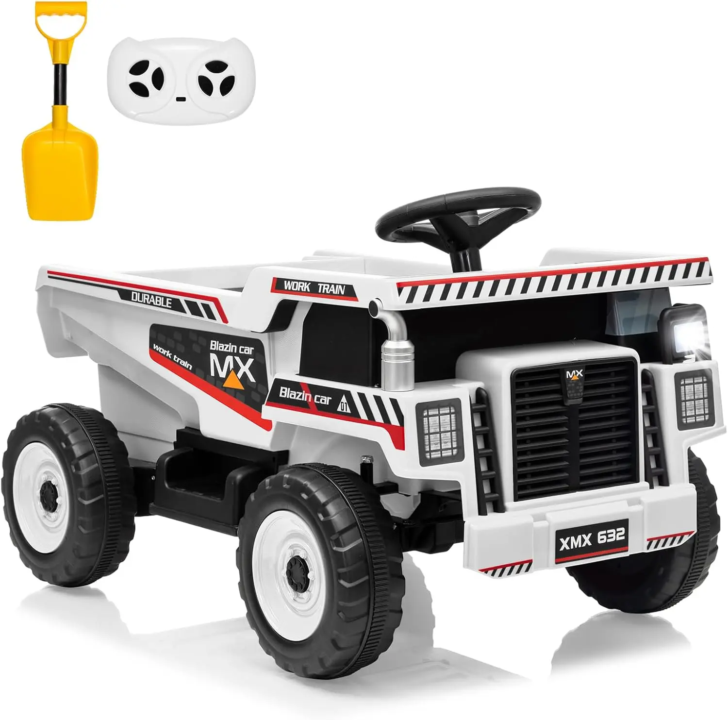 GAOMON 12V Kids Electric Ride-On Dump Truck - Remote Control, Detachable Shovel, Music, LED Lights, Spring Suspension (White)