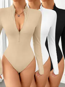 Women's Fall Winter 3-Piece Fashion Slim Fit High Neck Zipper Design Versatile Long Sleeve Jumpsuit Set, Casual Plain Style Bodysuits