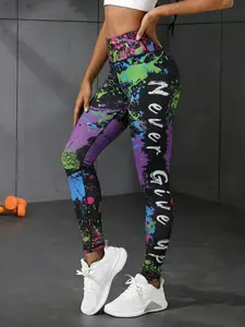 Women's Casual Sporty Yoga Pants, High Waist Butt Lifting Tight Fit, Multi-Color Never Give Up Letter Print Workout Leggings