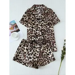 Women's Leopard Print Satin Pyjama Set, Casual Comfy Short Sleeve Pocket Shirt & Elastic Waist Shorts PJ Set, Ladies Summer Sleepwear, Pajamas
