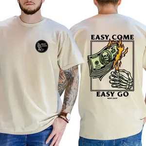 Rest Easy T-Shirt - Bold "Easy Come, Easy Go" Graphic Featuring Skeleton Hand and Burning Money Design, Unisex T-Shirts, Menswear Tops Tshirt Streetwear