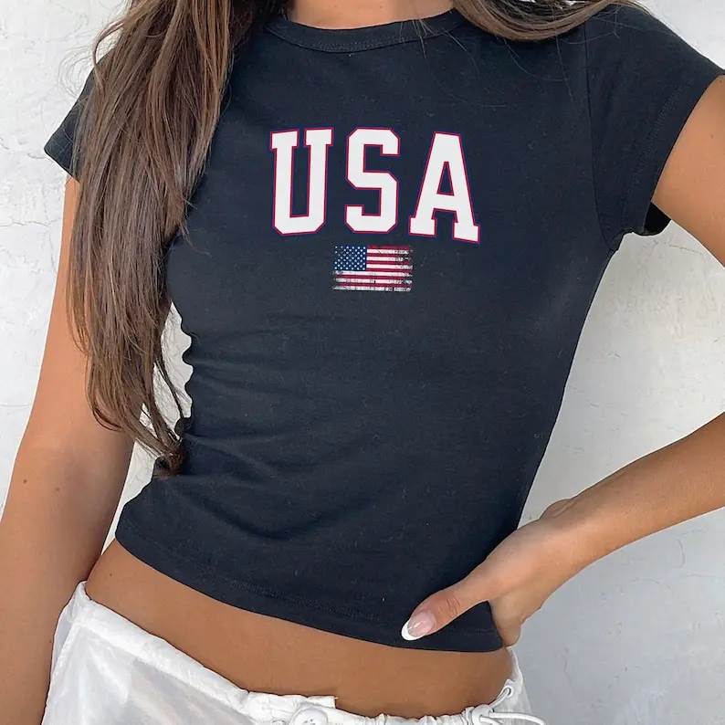 USA Coquette Flag Baby Tee, Distressed 4th of July Crop Top, Retro USA BabyTee, Y2k Usa Flag Tee, Usa shirt, 4th of july flag Shirt, Merica