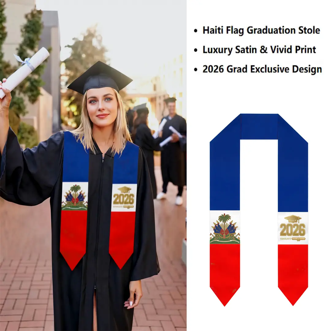 Haiti Graphic Print 2026 Graduation Stole - 183cm Silky Satin Sash for International Study Abroad Students, Customizable, with Cords for Ceremony Photos