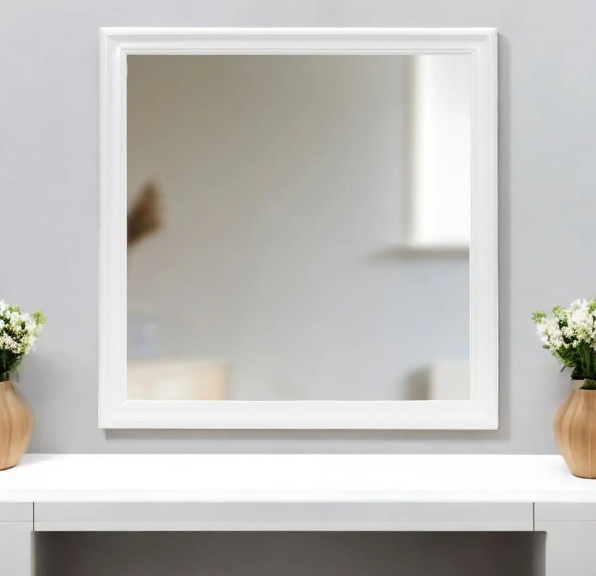 212 MAIN 38x38 in. White Geometric Wood-Framed Glass Accent Mirror - Elegant, Durable Wall Mount Decor for Bedroom, Office with Easy-Mount Installation