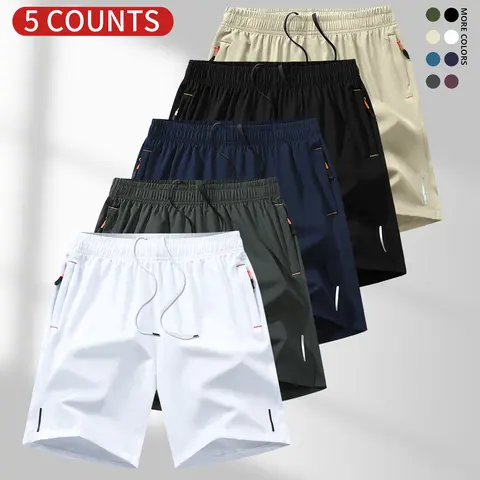Men's Essential 3-Quarter Fitted Lightweight Shorts - 5-Pack Summer Activewear, Breathable No-Sag Plain Solid Casual Bottoms with Zipper Pocket (108-White+Gray+Navy Blue+Black+Khaki)