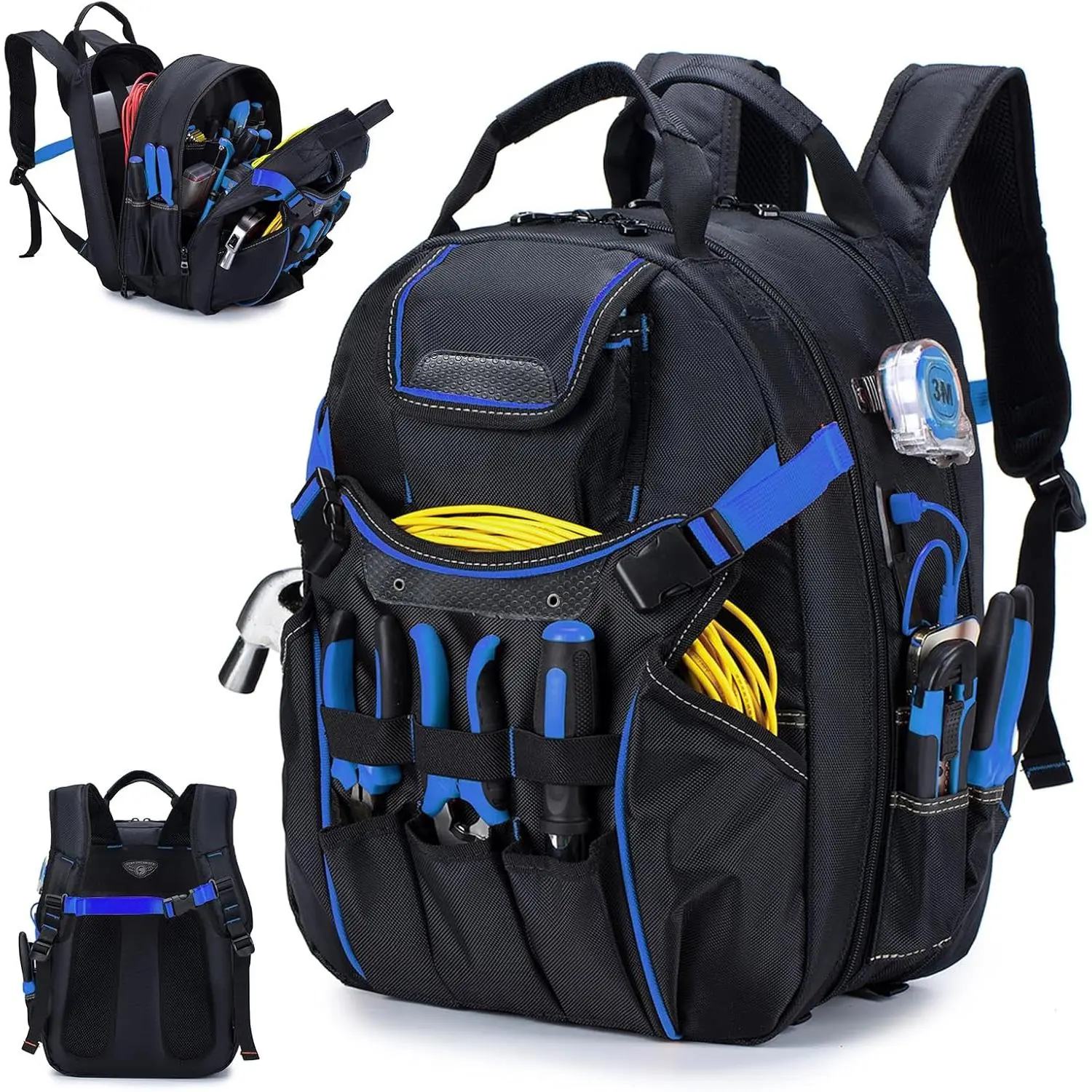 52 Pockets Tool Bag Backpack for Men Storage Organization Tool Bags Heavy Duty with  Molded Base for Electrician, Repairman Industrial & Construction Work, Blue
