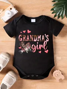 Unisex Black Cotton Baby Bodysuit - Short Sleeve Onesie for Baby Girls Clothing, Featuring "Grandma's Girl" Leopard Print, Plaid Print, and Cute Floral Heart Graphic, Infant Newborn Outfit