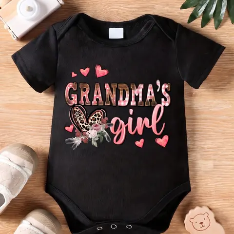 PUEMCO Unisex Black Basic Cotton Short-Sleeve Baby Bodysuit - 0-3m,9-12m, Above-the-Knee Baby Clothes Girl, Newborn Infant Outfit with "Grandma's Girl" Slogan, Leopard Print, Plaid Print, Cute Floral Heart Graphic