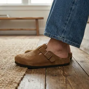 Western Cowboy Cowgirl Boot-Stitch Genuine Suede Clogs Potato Shoes   Comfortable Cork Footbed Buckle Slippers Indoor & Outdoor  【Wide Feet PLS SIZE UP】