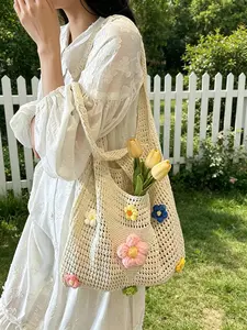 Cute Crochet Flower Tote Bag, Large Capacity Woven Beach Bag, High Aesthetic Knit Shoulder Bag for Women, Casual Hollow Out Crossbody Bag