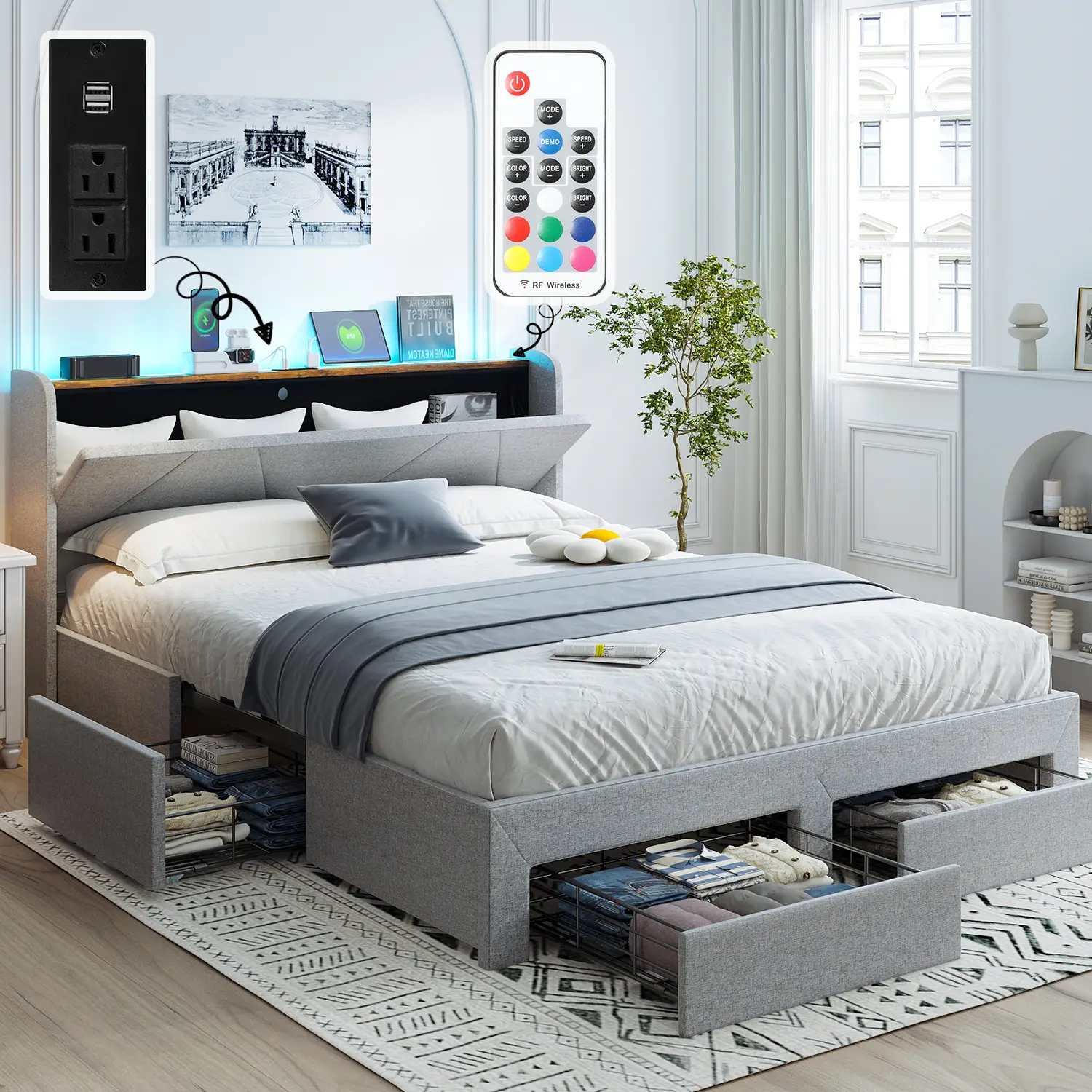 VOWNER Bed Frame with Storage Headboard & 4 Drawers, LED Upholstered Bed Frame with Charging Station, Wood Slats Support No Box Spring Needed FathersD