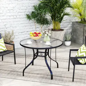 38" Round Tempered Glass Patio Dining Table with Umbrella Hole, Black Weather-Resistant Metal Frame Outdoor Table for Backyard, Poolside