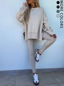 New Fall Winter Women's Casual Loose Drop Shoulder Fleece Sweatshirt + High Waist Skinny Pants Two-Piece Set, All Seasons Wear