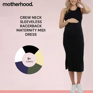 Crew Neck Sleeveless Racerback Maternity Midi Dress in Soft Micro Rib Fabric with Side Slit for Comfortable Wear