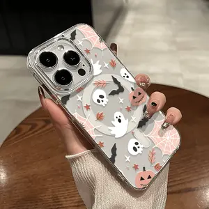 Phone Case - Halloween Pink Spider Web Pumpkin Skull Pattern Shockproof Protective Case with Magnetic Transparent Phone Cover, Suitable for iPhone 17 E Air Pro ProMax iPhone16 15 14 Plus 13 12 Mini 11 X XS XR. A Festive Decoration