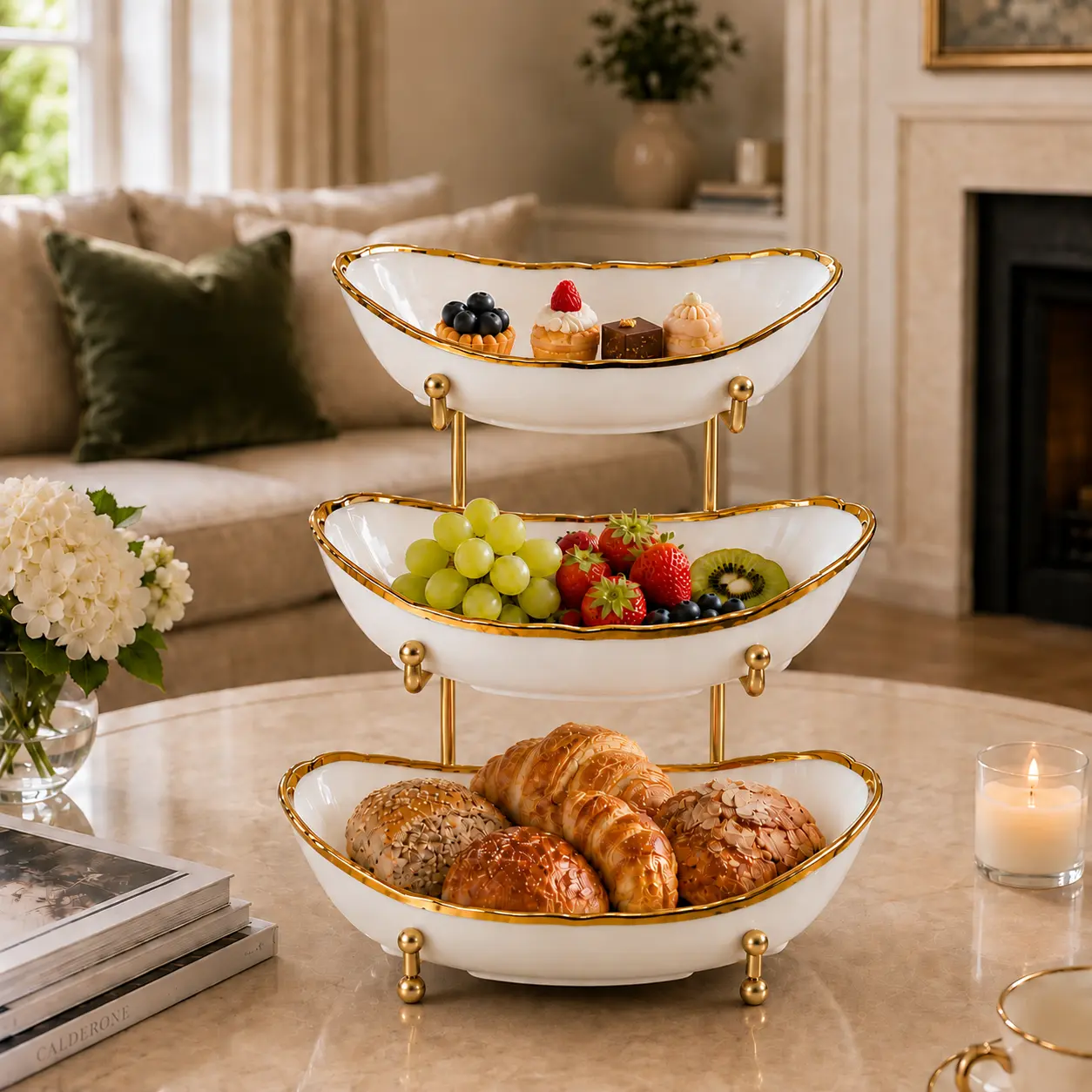 3-Tier Ceramic Fruit Bowl Stand, Gold Metal Tiered Serving Bowls for Fruit, Snacks & Desserts, Countertop Organizer for Kitchen & Dining Table