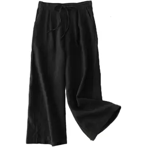 Women's Wide Leg Palazzo Pants Linen Drawstring Cropped Pants Trousers Culottes