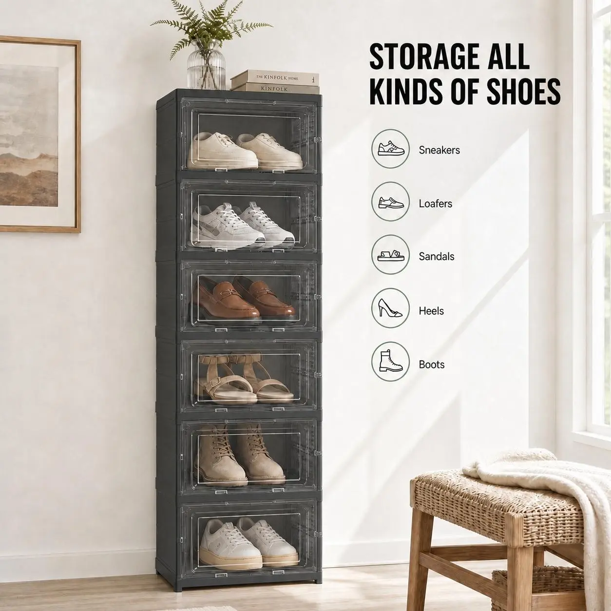 8. Folding Integrated Shoe Shelf Organizer 6 Tier Waterproof Durable Material Stackable Shoe Station For Sneaker Boot Flat Heel Condo Dorm Apartment Entryway Bedroom