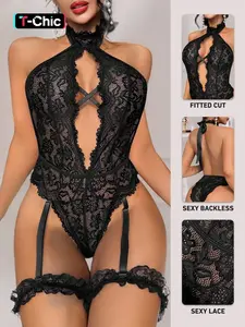 Valentine Lace Women's Halter Neck Bodysuit Fitted Classic Sexy Lingerie Set Without Steel Ring 3 Piece [bodysuit + Leg Rings X2], Lace Bodysuits, All Seasons, Crop/short Length