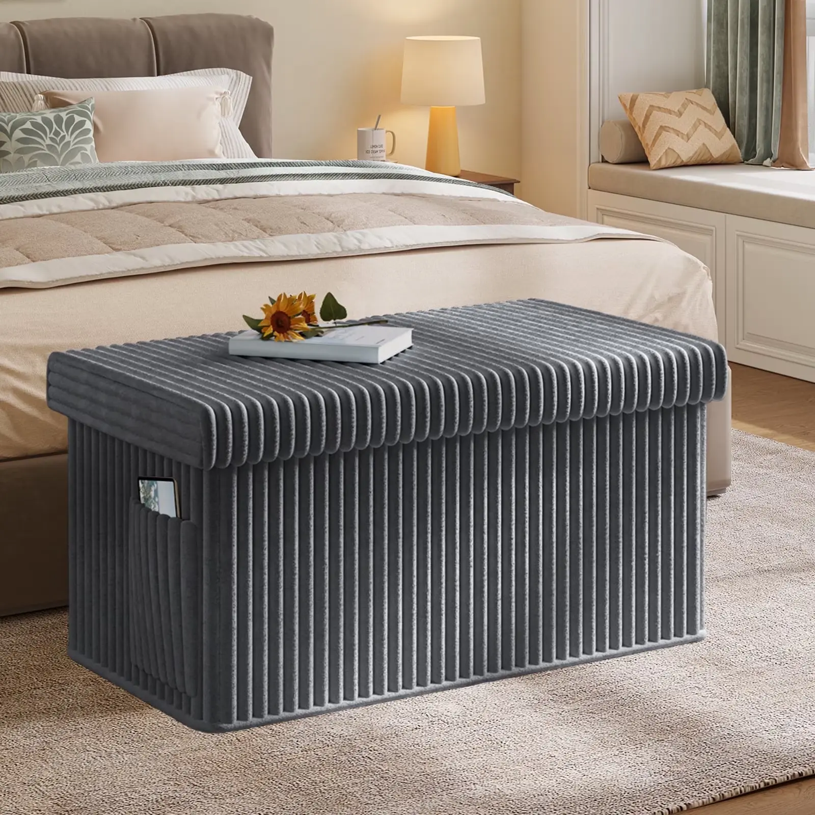 30 Inch Folding Storage Ottoman Bench with Side Pocket Corduroy Footrest Gray