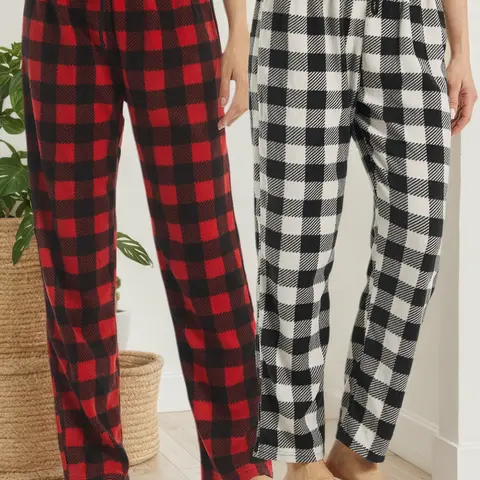 Women's 2-Pack Plaid Knitted Fluffy Fleece Pajama Pants - Elastic Fabric, Drawstring Waist, Ultra-Soft Loungewear for Day & Night Trousers
