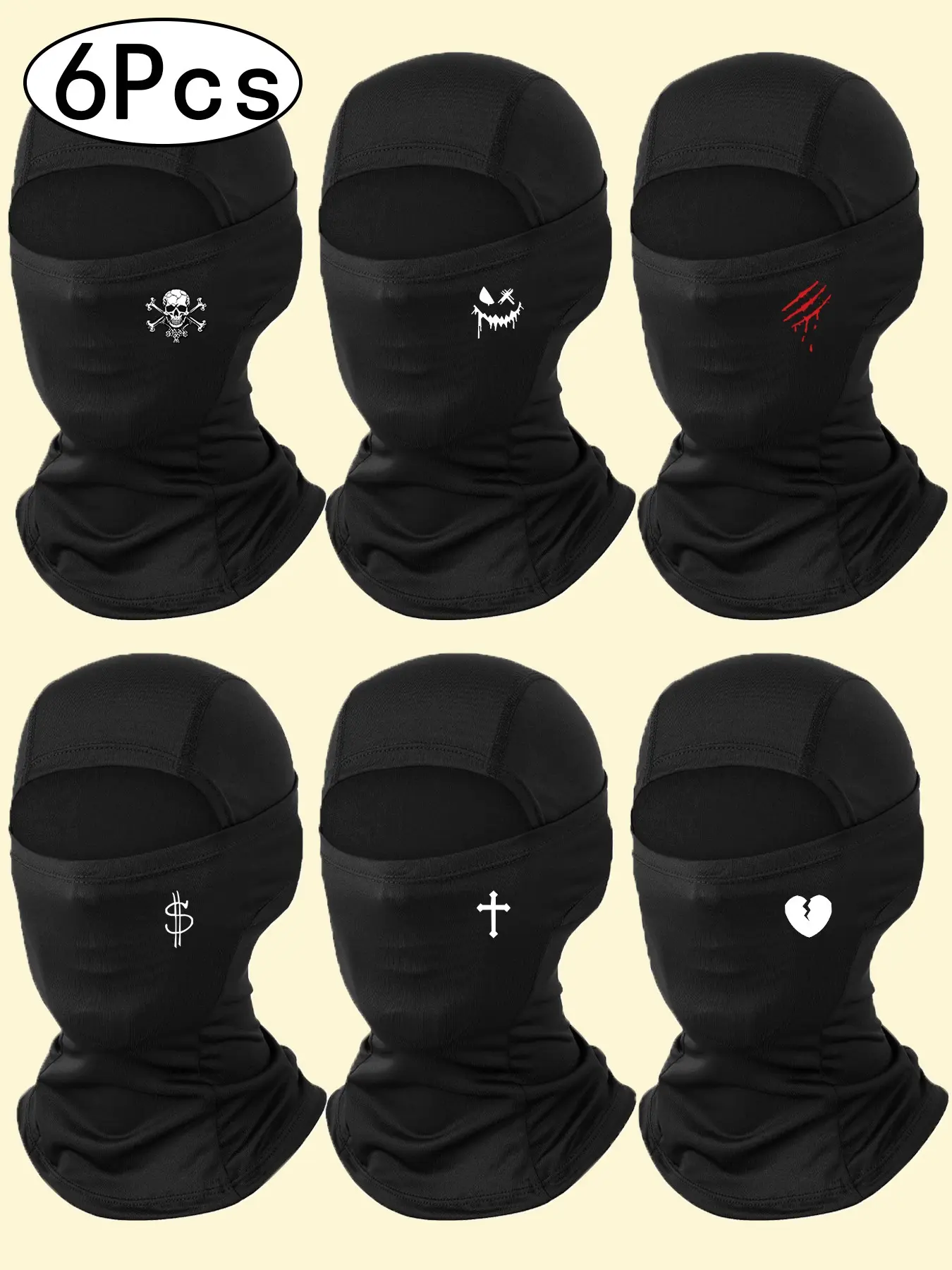 6pcs Breathable Full Face Motorcycle Cover, Dustproof Windproof Outdoor Riding Mask, Creative Print Fashion Unisex Balaclava Hat, Motorcycle Bandana, Balaclava Summer Mask, Motorcycle Gear