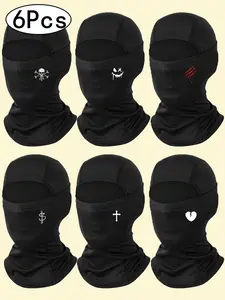 6pcs Breathable Full Face Motorcycle Cover, Dustproof Windproof Outdoor Riding Mask, Creative Print Fashion Unisex Balaclava Hat